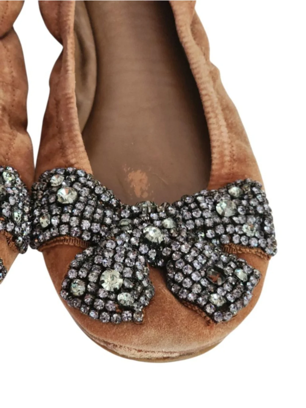 TORY BURCH Eddie‎ Brown Suede Ballet Flats Embellished Bows Rhinestones Size 7